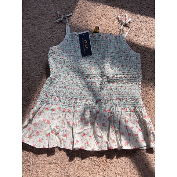 Polo RALPH LAUREN Kids Poplin Smocked Tie Tank TOP Mint Floral CAMISOLE SIZE16 - Picture 1 of 5